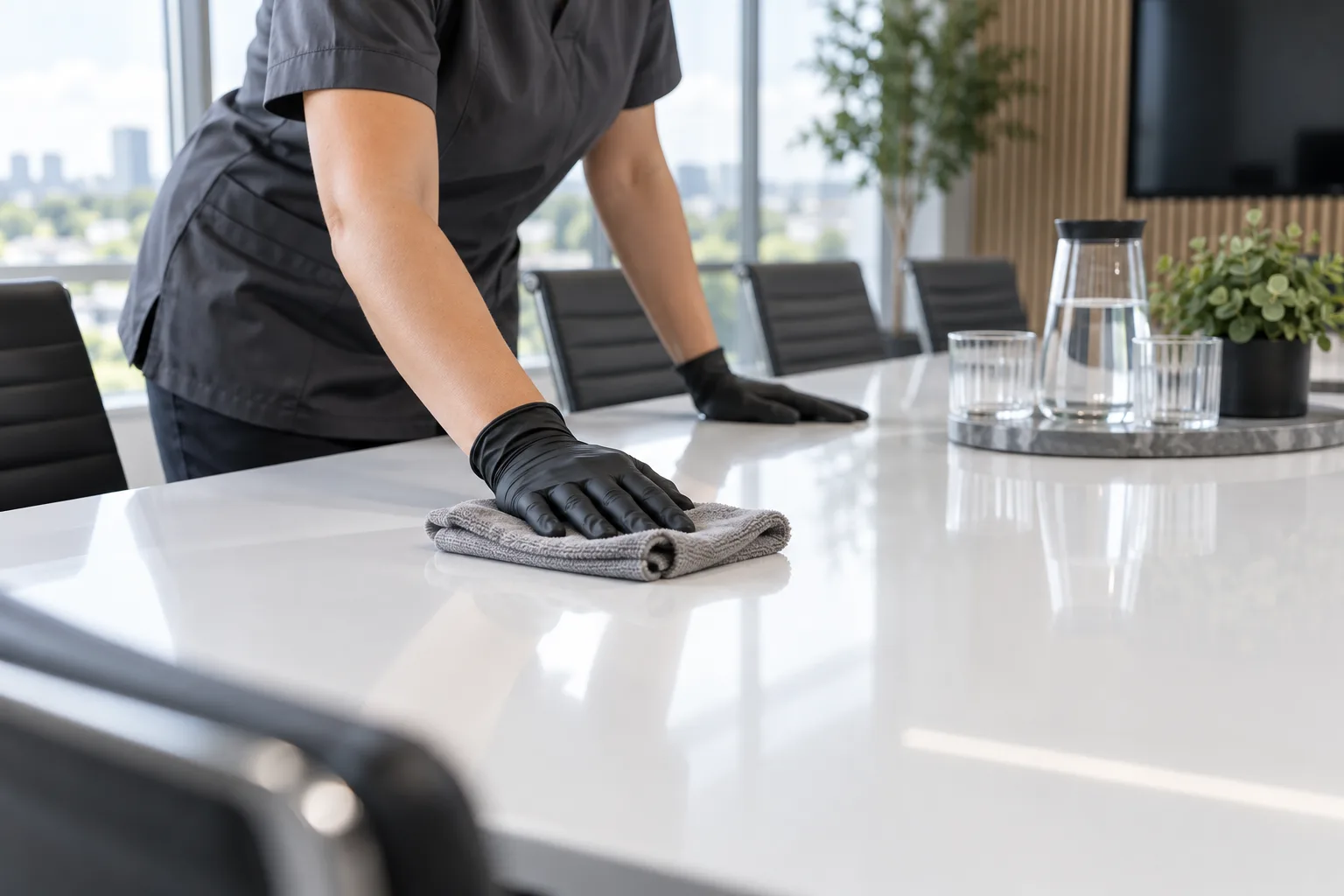 A gloved cleaner wiping an office meeting table